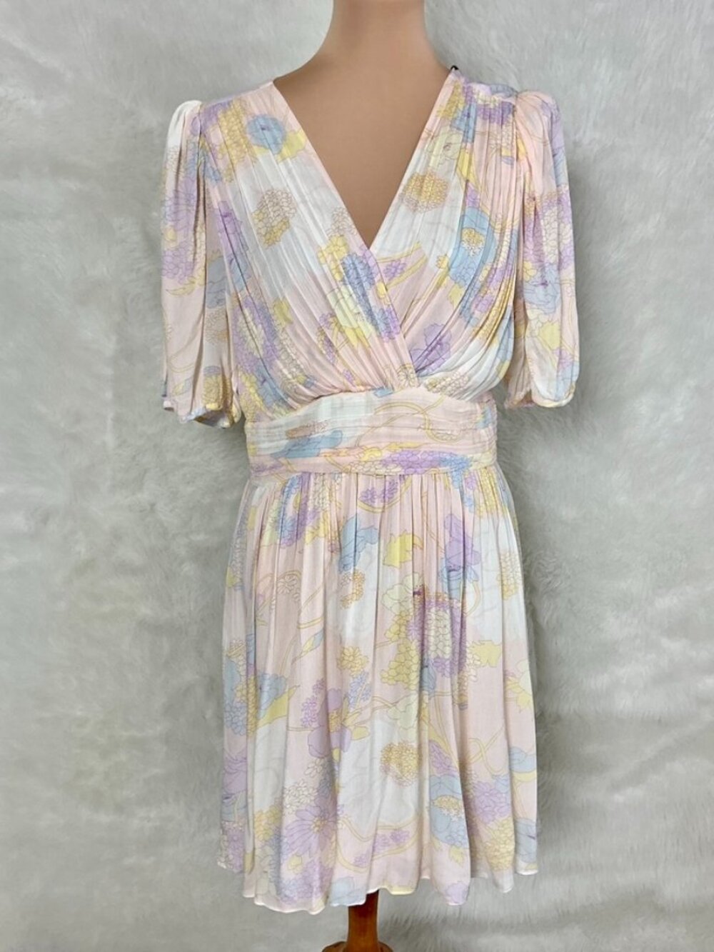 BA&SH Puff Sleeve Pastel Pink, Purple, Ivory Noam Floral V-Neck Mini Dress NWT L